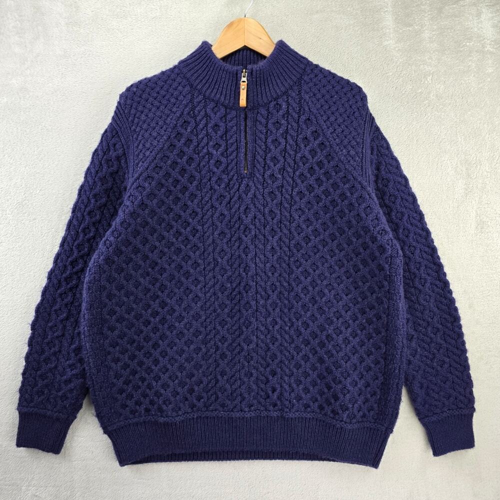 Vtg Aran Crafts Wool Sweater Mens XL Blue Cable Knit 1/4 Zip Mock Neck Fisherman